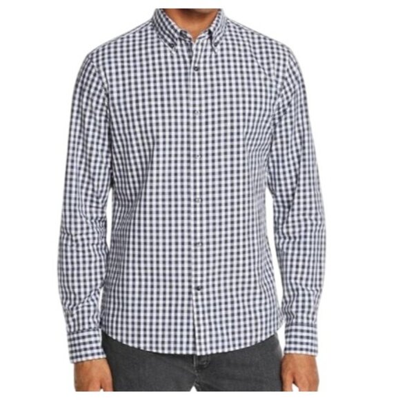 Michael Kors Mens Gingham Plaid Slim Fit Dress Shirt Size XL Blue Preppy - Picture 1 of 5